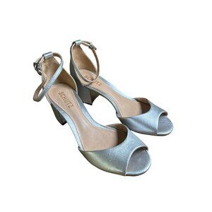 Schultz Roama Block Heel‎ Size 7 B Silver Metallic Leather Ankle Strap NWOB